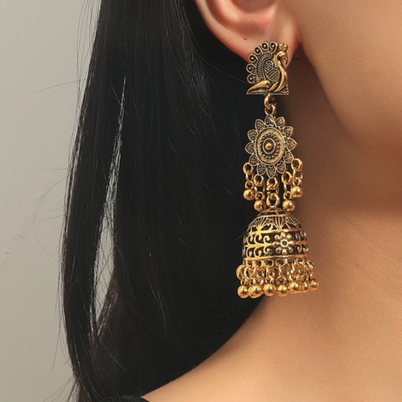 Serving Looks Jewelry - Gold India Style Peacock Dangle Earrings